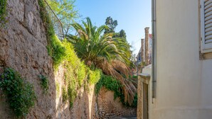 Un stretto sentiero in pietra, delimitato da un muro di pietra e da un edificio con facciata bianca.