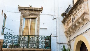 Fachada de edificio con barandal de hierro decorativo, una ventana con cortina y un balcón pequeño con plantas en macetas.