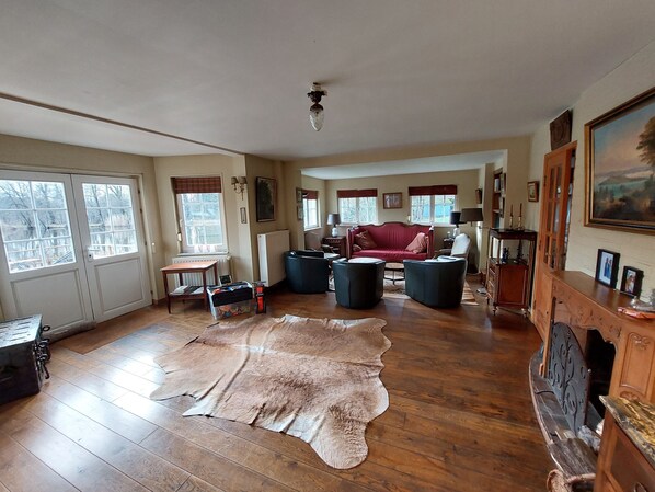 TV, fireplace, DVD player, books