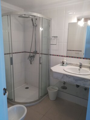 Shower, hair dryer, towels, toilet paper