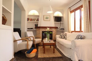 Téléviseur connecté, foyer, lecteur de DVD, livres