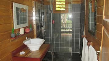 Douche, serviettes fournies, papier toilette