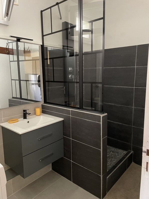 Shower, hair dryer, towels, toilet paper
