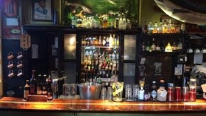 A bar area with shelves of bottles, glasses, and a cash register. - Hemingway's Hostel Heidelberg (Heidelberg)