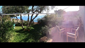 Un patio con vista sul mare, circondato dal verde e piante in vaso.