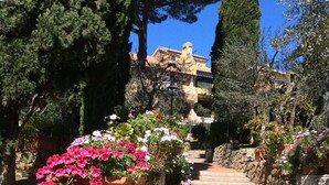 Un vialetto in pietra fiancheggiato da fioriere in terracotta con piante fiorite che conduce a un edificio con tetto in tegole.