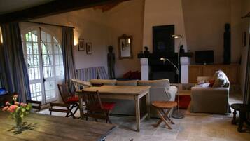 TV, fireplace, DVD player, books