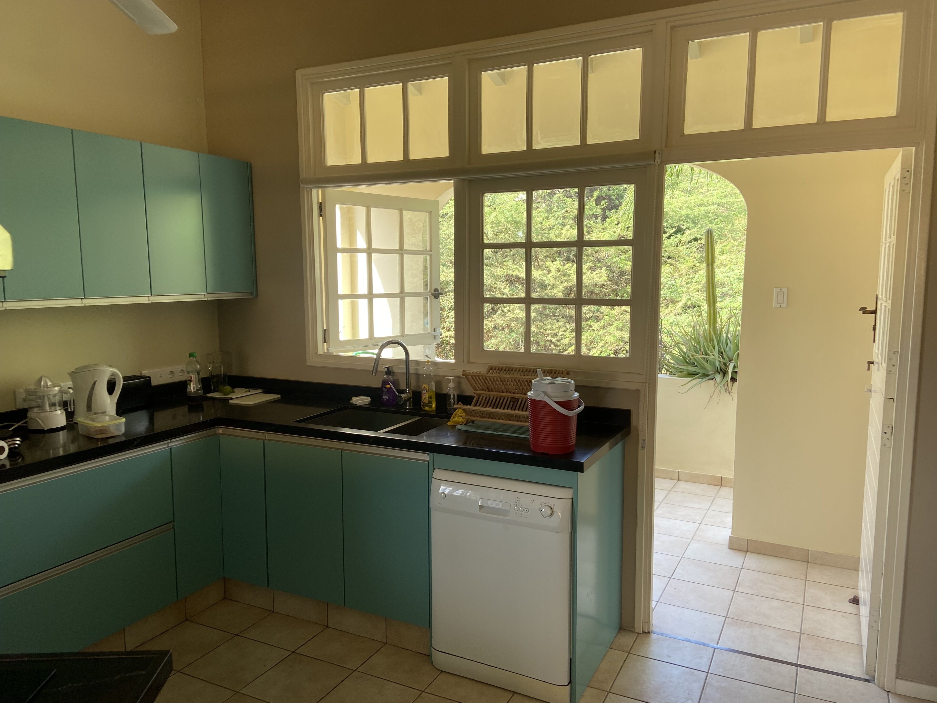 Una cocina con armarios azul verdoso, lavavajillas y ventana con vistas a la vegetación.