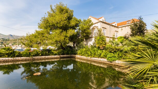 A serene courtyard with a reflective pond, surrounded by lush greenery and a historic building with a red-tiled roof.