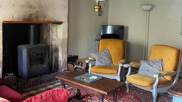 Televisie, een open haard, een dvd-speler en boeken