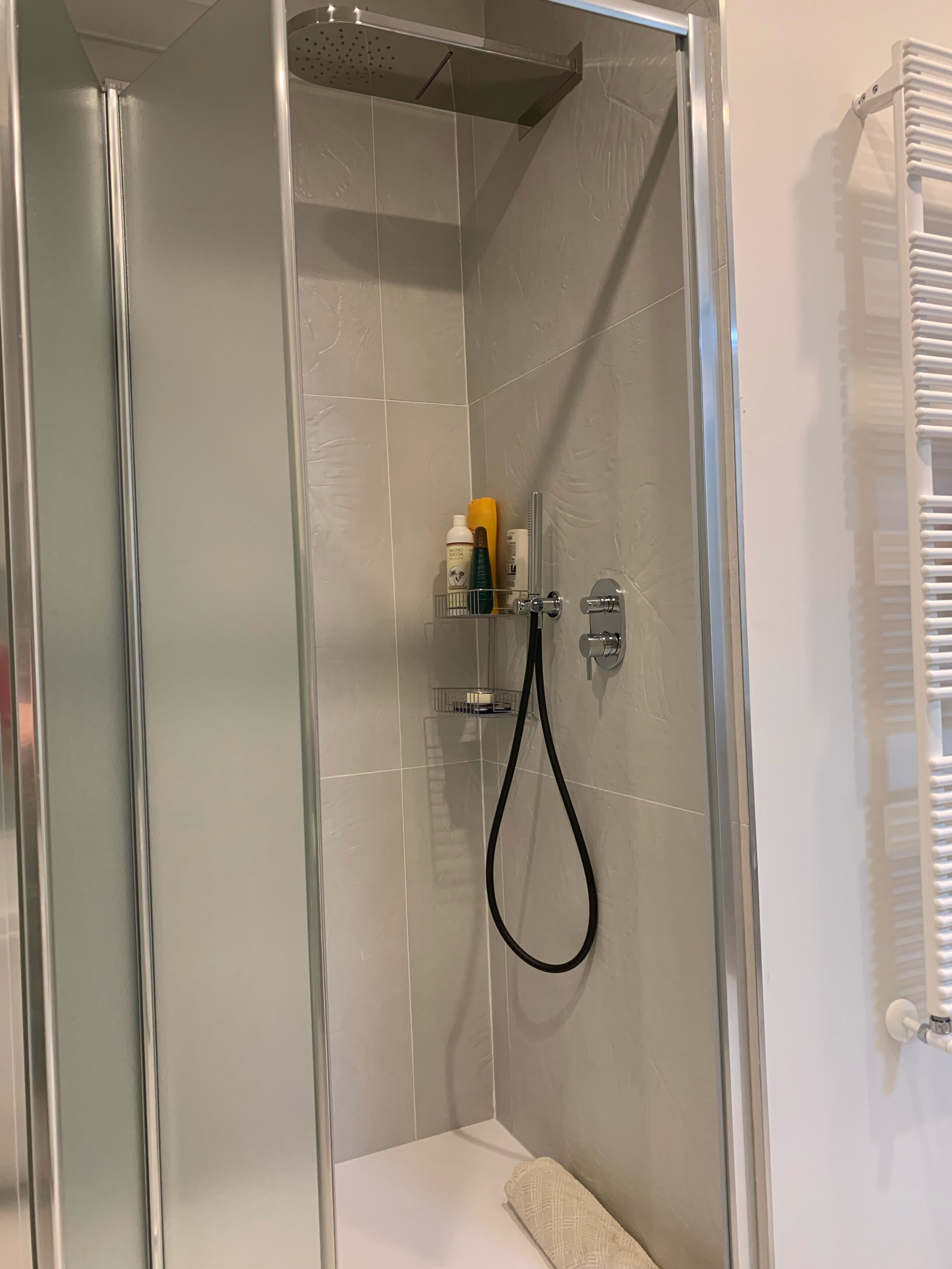 Et brusebad med glasvægge, en håndbruser, et håndklædetørrestativ og toiletartikler på en hylde.