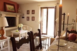 TV connectée, cheminée, lecteur de DVD, livres