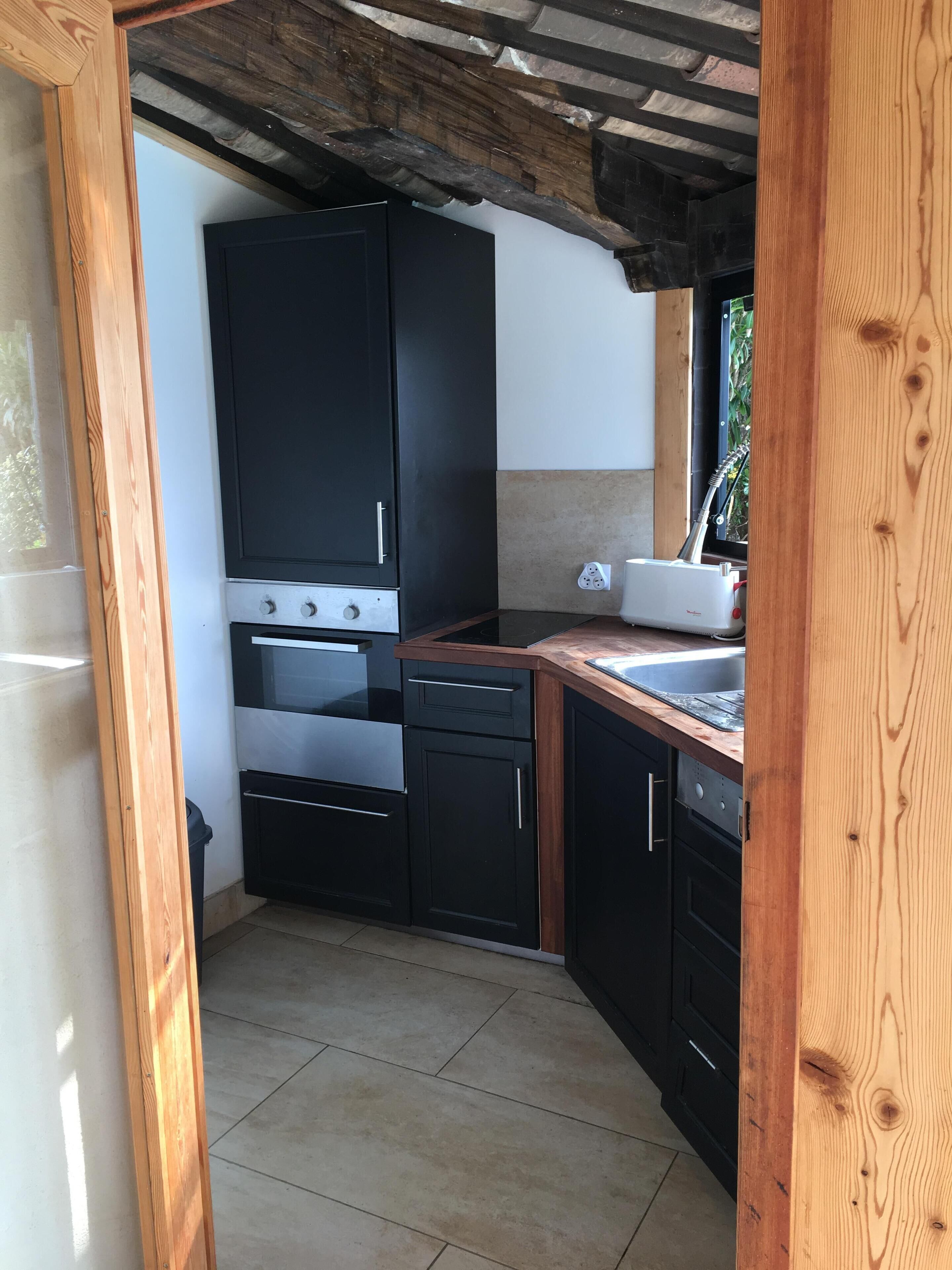 A compact kitchen with black cabinets, a stainless steel oven, and a dishwasher.