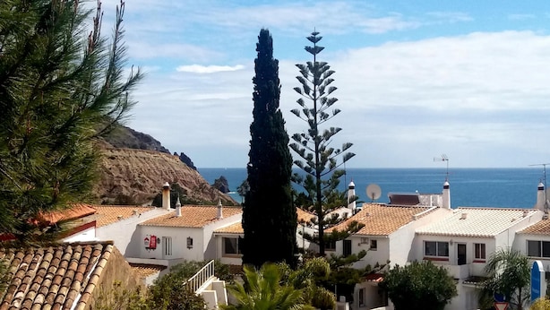 Uma vila costeira com casas de telhado em terracota, uma imponente cipreste e vista para o mar.