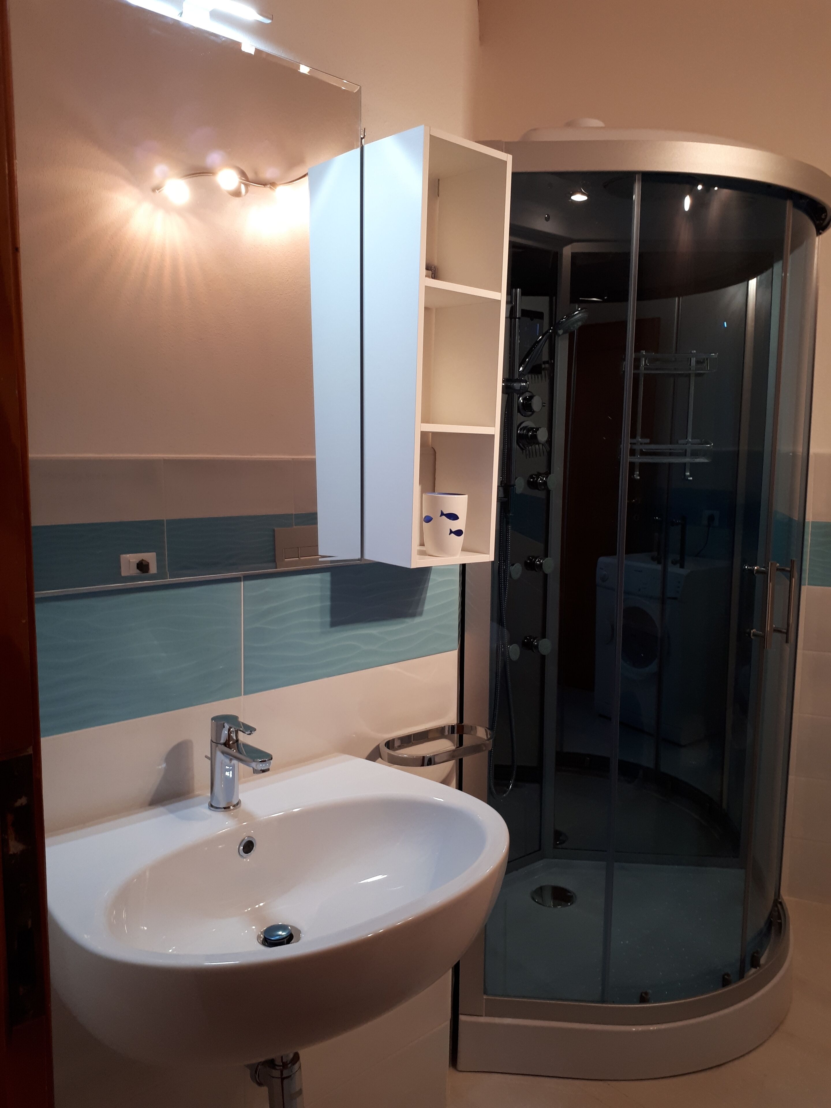 Un baño con lavamanos blanco, ducha con cerramiento de vidrio y un mueble de espejo.