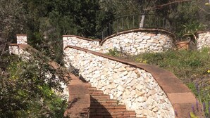 A stone staircase with a curved design, surrounded by greenery and trees.
