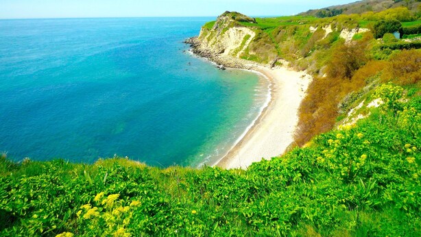 A coastal landscape with a beach, cliffs, and greenery. - MANOR ON COAST WITH SEA VIEWS, TENNIS COURT, BIG GAMES ROOM + BAR, GARDENS (Ventnor)