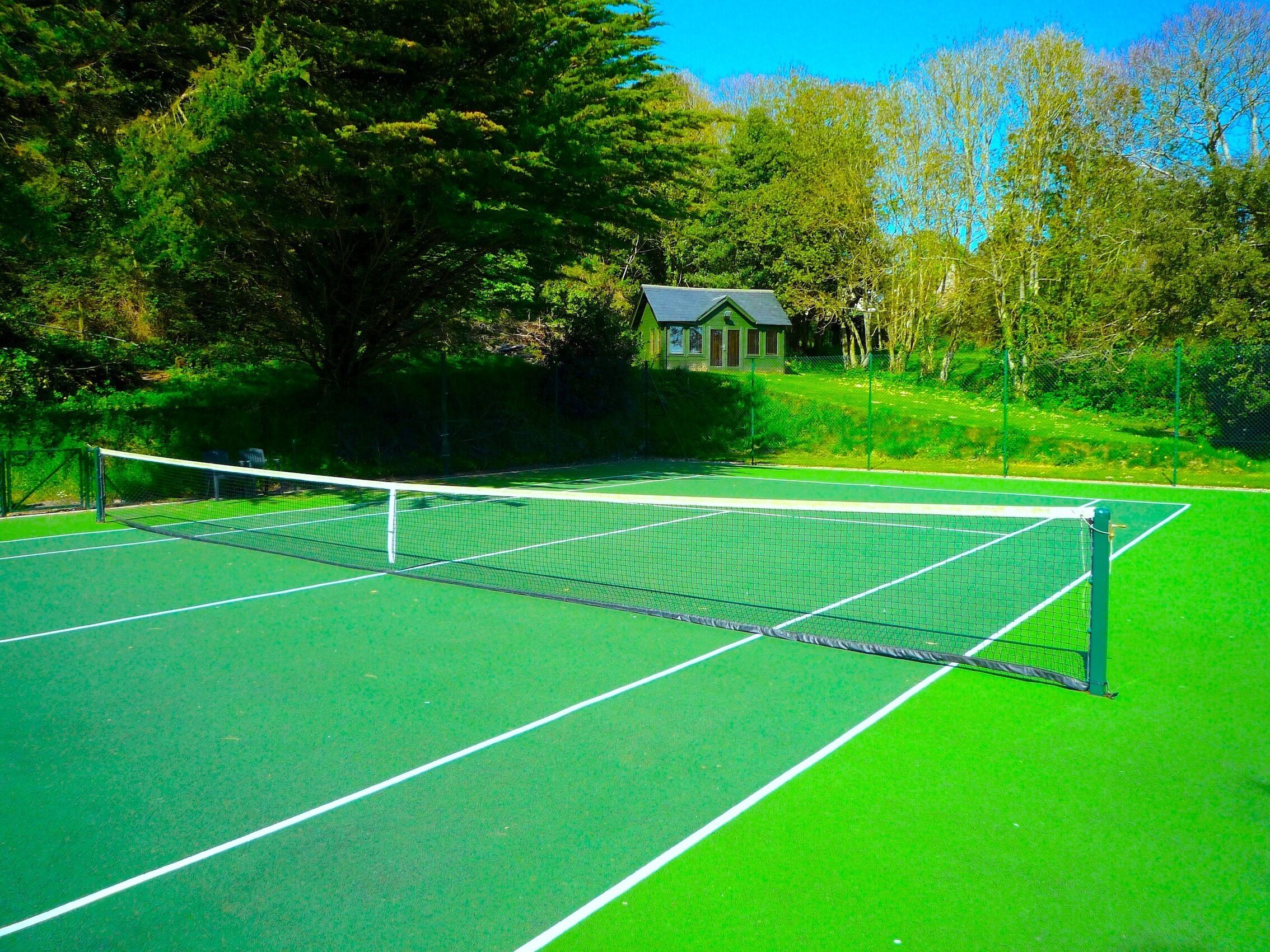 Ein Tennisplatz mit Netz, umgeben von Bäumen und einem kleinen Gebäude.