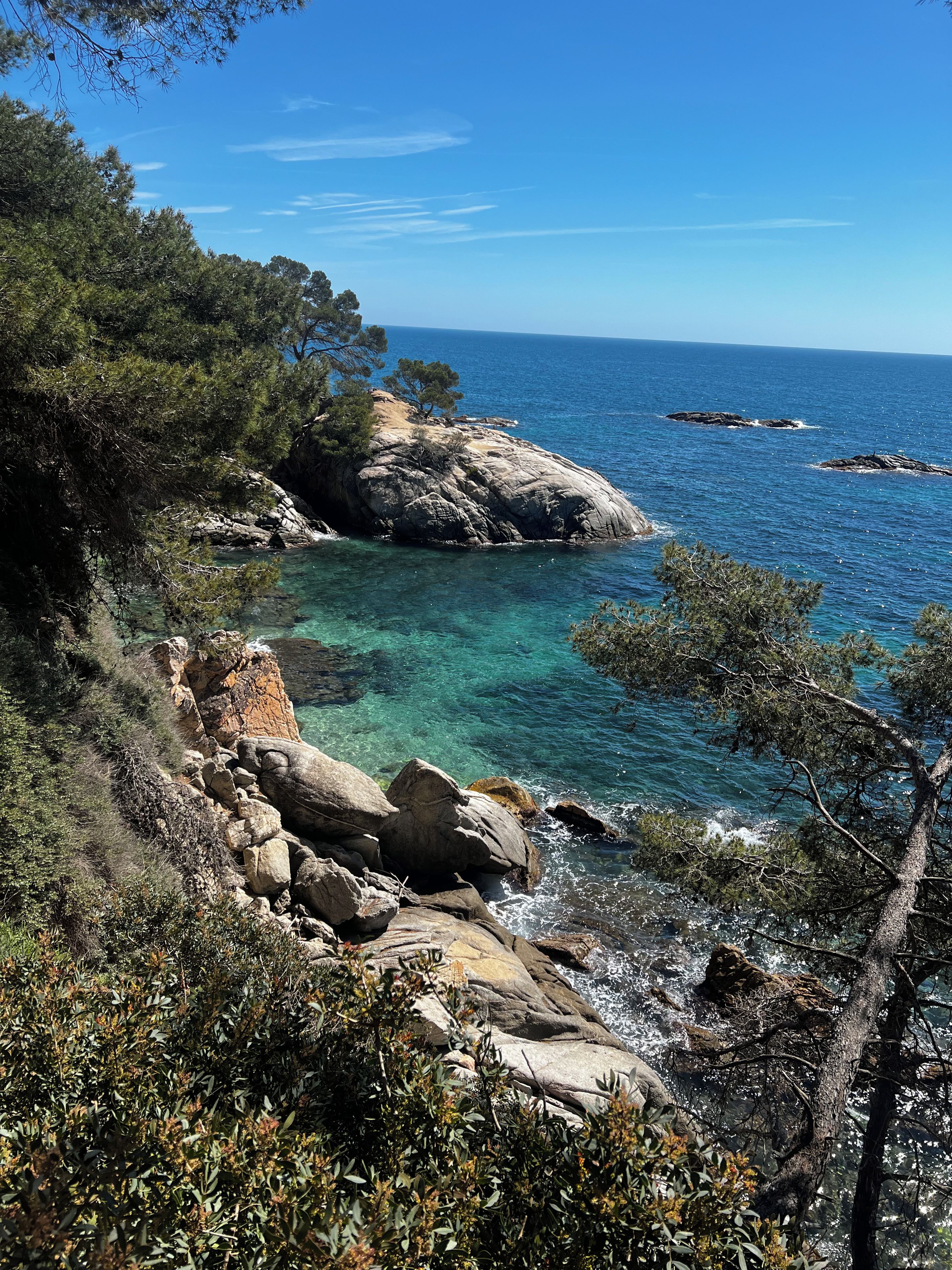 Un paysage côtier caractérisé par un terrain rocheux, une eau d’un bleu limpide et une végétation luxuriante.