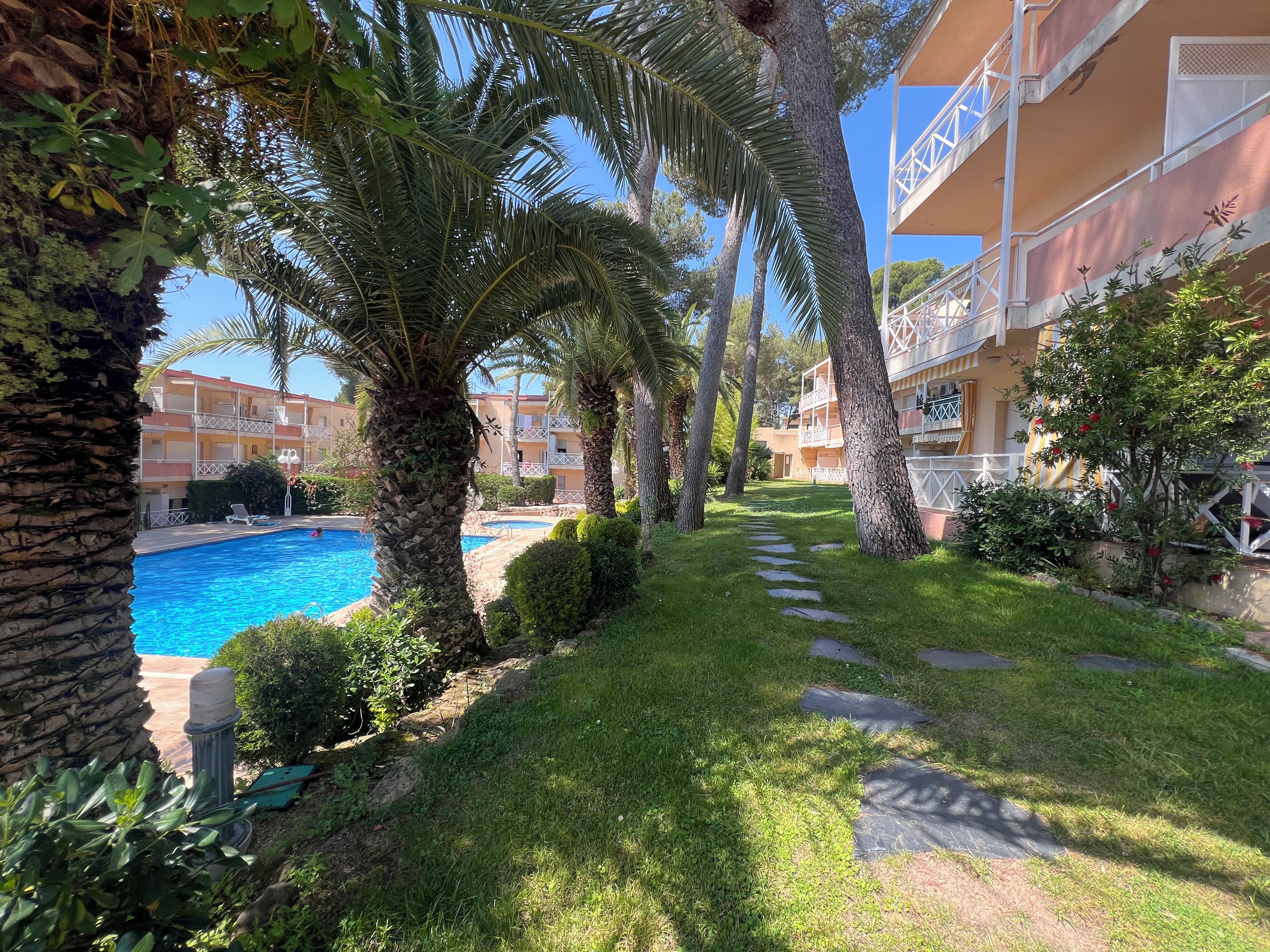 Un espace aménagé au bord d’une piscine à l’eau d’un bleu limpide, entourée de palmiers et bordée d’un sentier menant à un bâtiment doté de balcons.