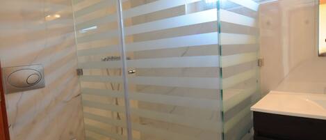 A modern bathroom with a glass shower enclosure, a white toilet, and a dark wooden cabinet.