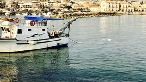 A large white boat docked at a marina with a town in the background. - Single villa with private pool and lovely sea view (Cava D'aliga)