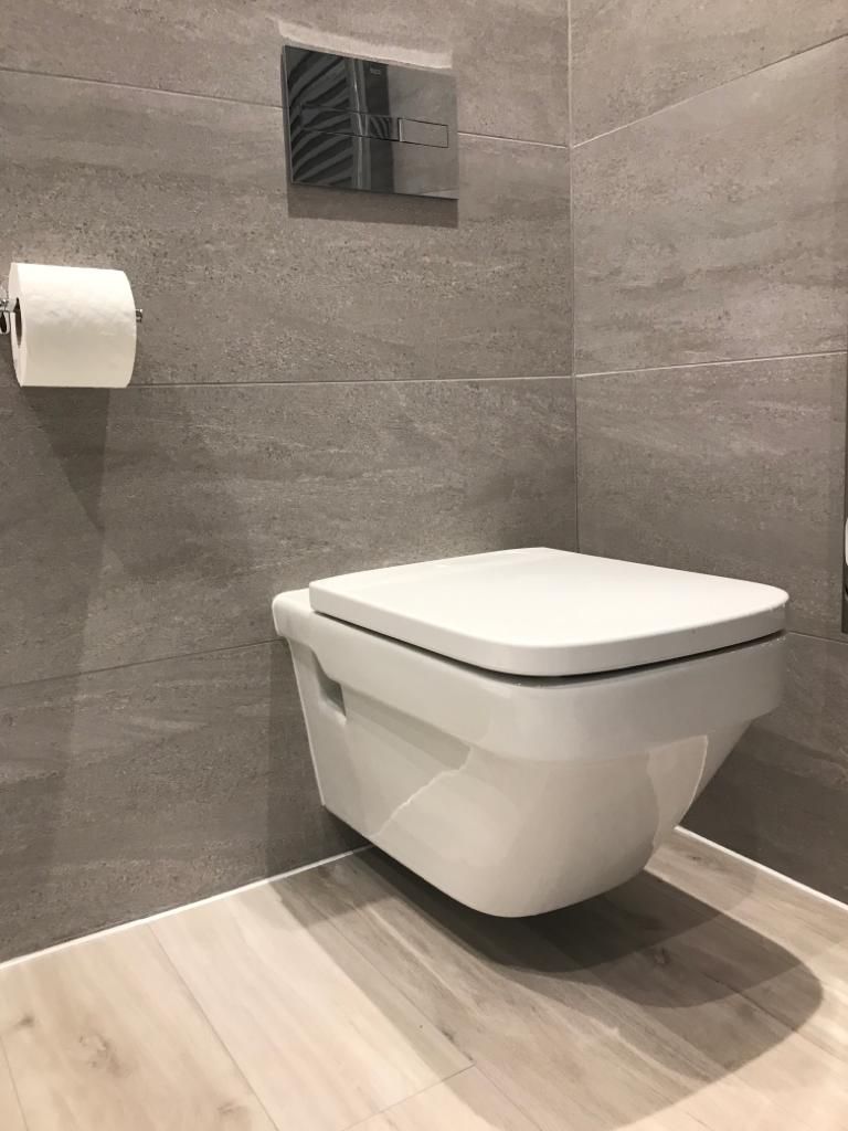 Ein modernes Badezimmer mit Toilette, Toilettenpapierhalter und Duschbereich.
