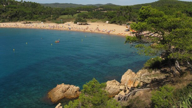 A coastal beach with clear blue water, sandy shore, and surrounding green hills.