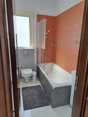 Combined shower/tub, hair dryer, towels