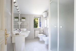 Combined shower/bathtub, hair dryer, bidet, towels