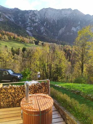 Una sauna de madera con vistas a montañas, un coche aparcado y una pila de leña.