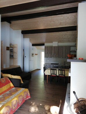 Un salon spacieux avec un canapé et un plaid à motifs, une cuisine avec des meubles en bois et un coin repas avec des chaises.