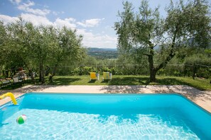 A swimming pool with clear blue water, surrounded by a grassy area with trees and a view of distant hills.