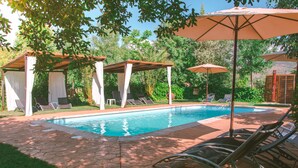Piscina con sillas de descanso y sombrillas, rodeada de follaje y un patio de piedra.