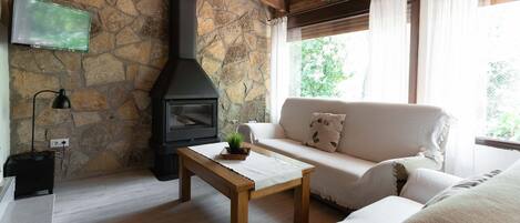 Televisión, chimenea, libros y estéreo