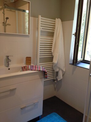 Shower, hair dryer, towels, soap
