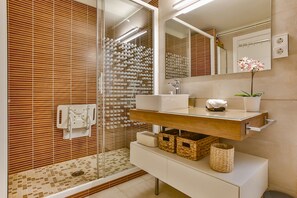 Douche, séchoir à cheveux, serviettes fournies, savon