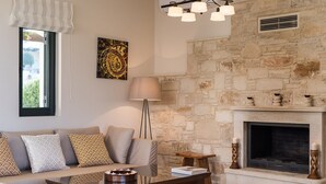 Uma sala de estar com lareira de pedra, sofá com almofadas estampadas, luminária de chão e lustre moderno.