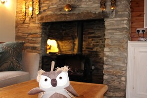 Un jouet en peluche représentant un hibou est posé sur une table en bois dans une pièce dotée d’une cheminée en pierre et d’un canapé.