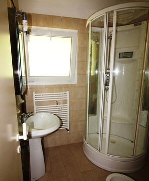 Shower, hair dryer, bidet, towels