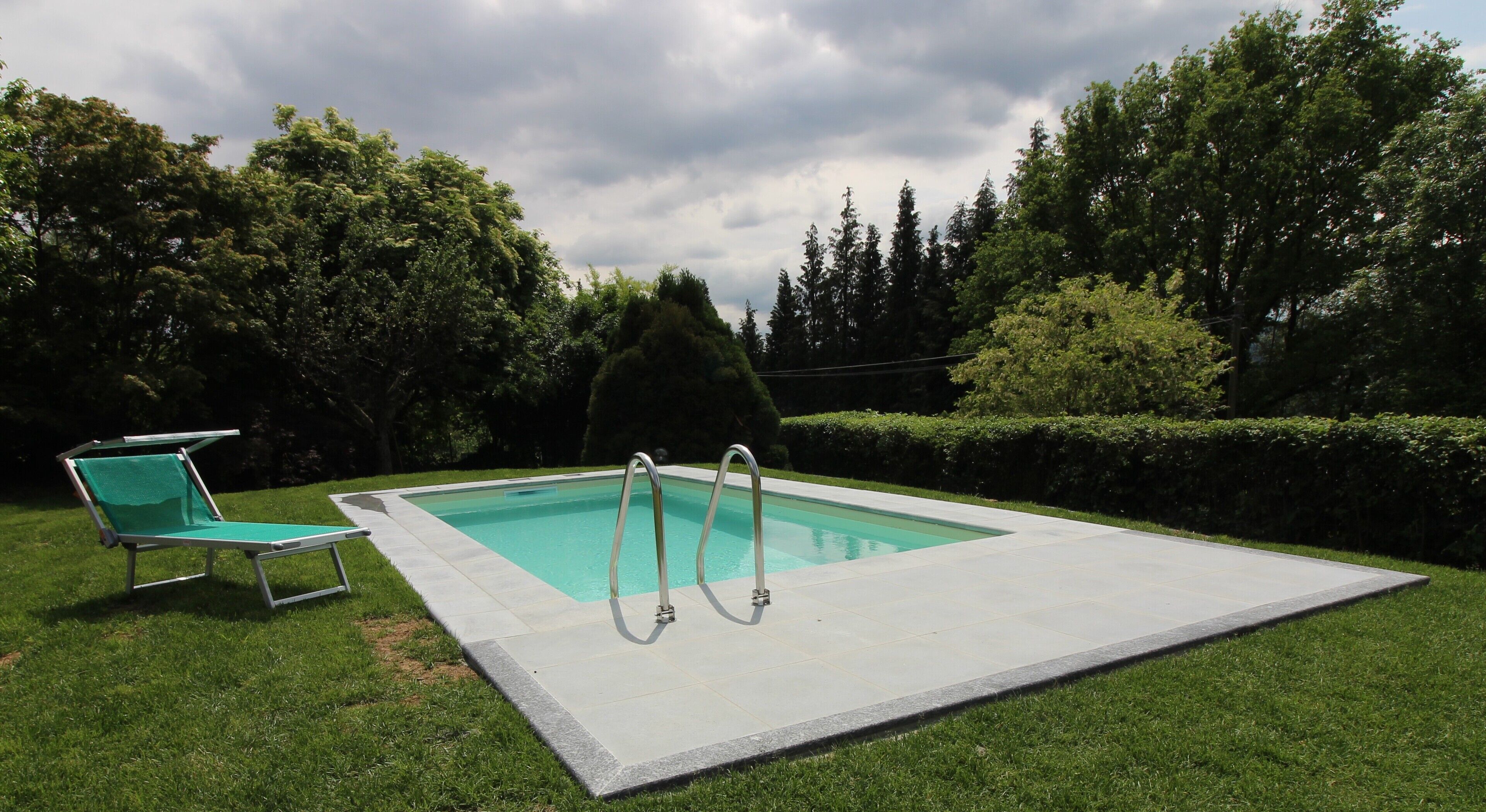 A rectangular swimming pool with two ladders, surrounded by a grassy area and trees.