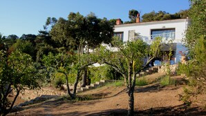 A modern house with a stone staircase leading up to a white building. - Coti Chiavari: House / Villa - Coti-chiavari (Coti-Chiavari)