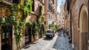 A cobblestone street lined with historic buildings, a parked van, and people walking. - NAVONA ROMANTIC LOFT (Roma)