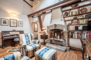 Televisio, takka, DVD-soitin, kirjoja