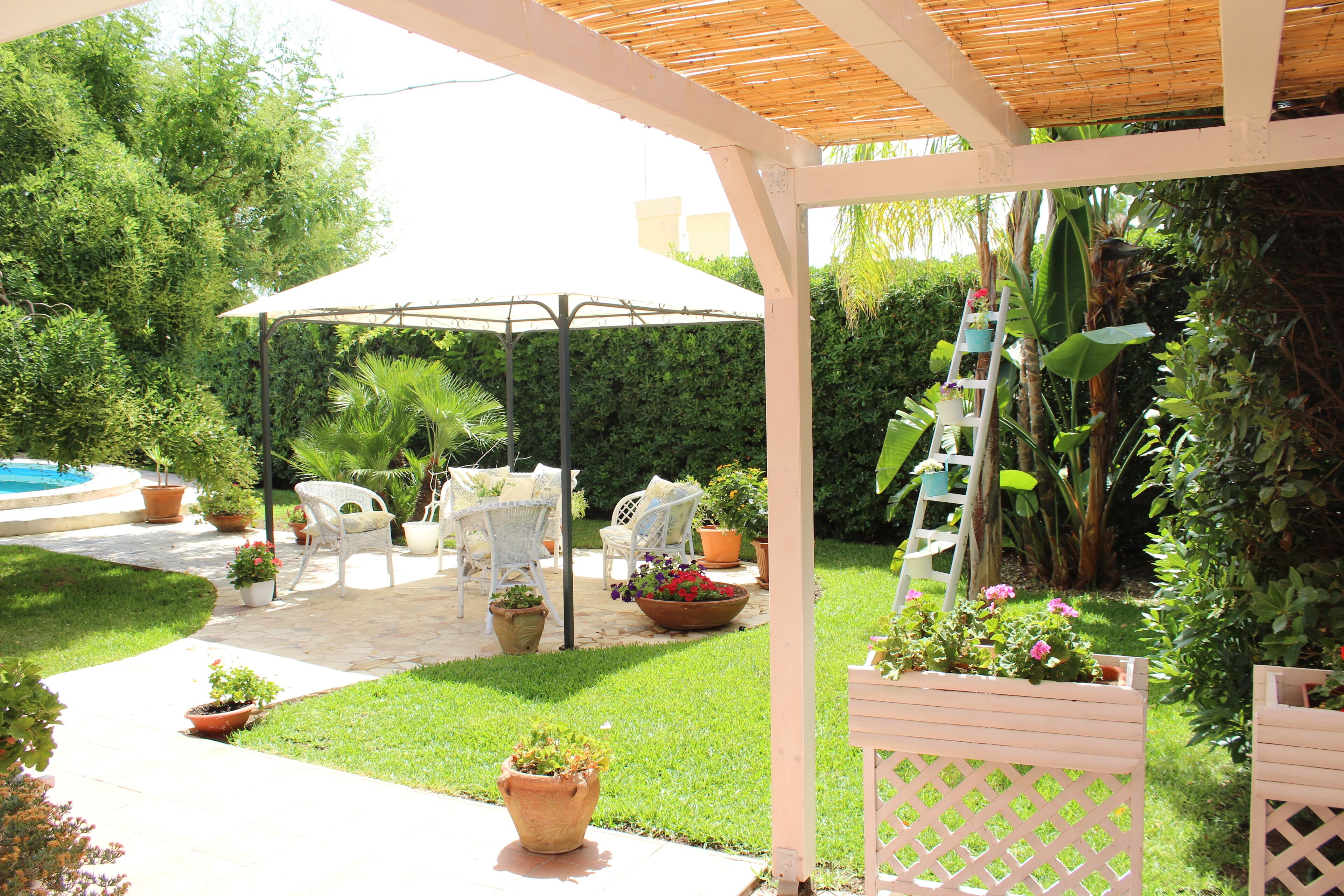 Un patio couvert aménagé avec du mobilier d’extérieur, une piscine et une végétation luxuriante.