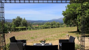 A covered outdoor seating area with a table set for two, overlooking a vineyard and distant hills.