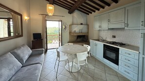 Una cocina acogedora con comedor, sofá y televisor.