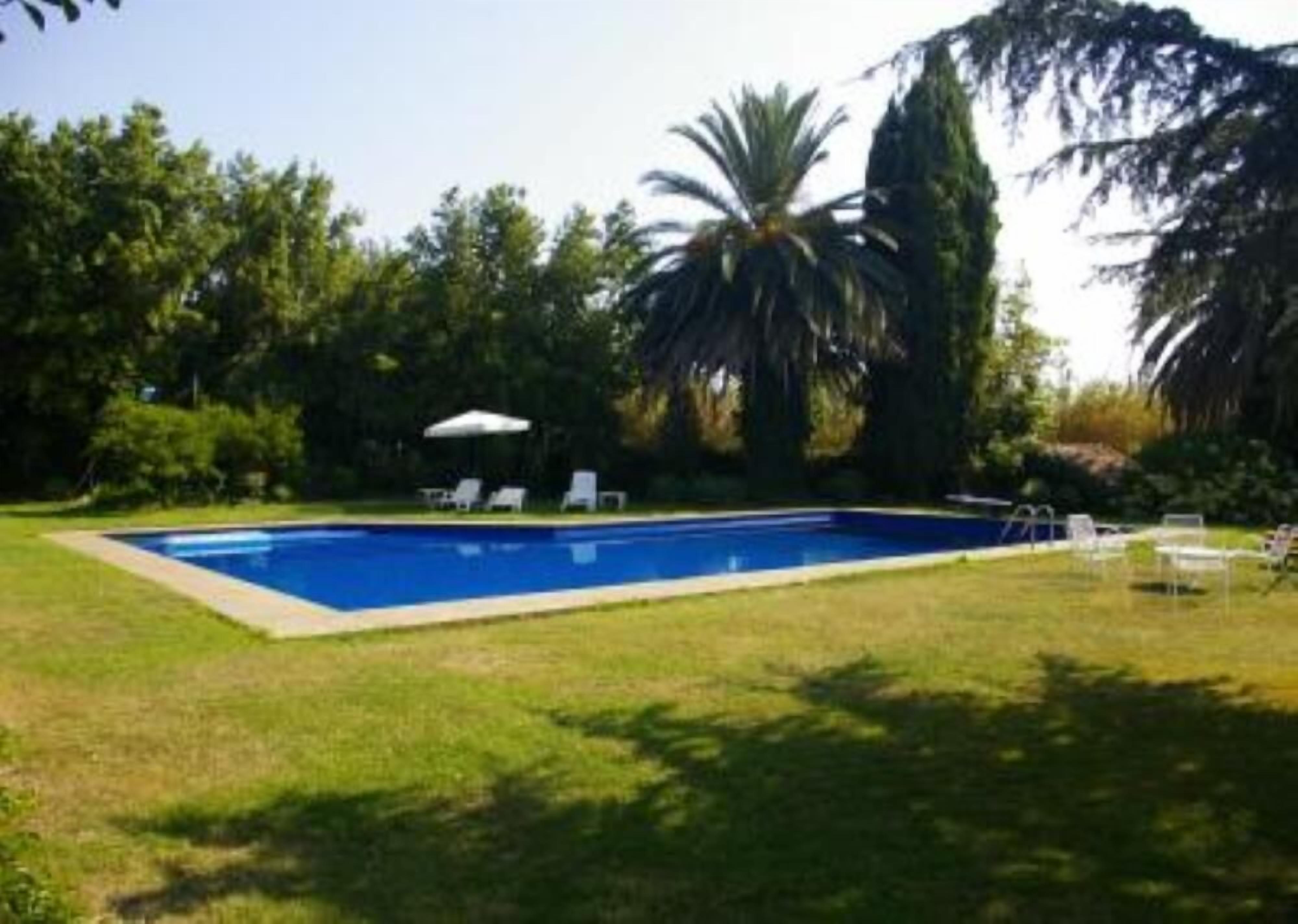 Ein rechteckiger Pool mit klar blauem Wasser, umgeben von einer gepflegten Rasenfläche. Mehrere weiße Liegestühle und ein weißer Sonnenschirm spenden Schatten.