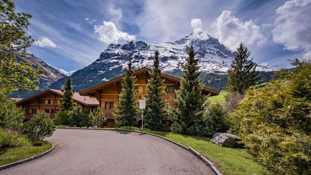 A lodge with a mountain backdrop, a paved driveway, and surrounding greenery.