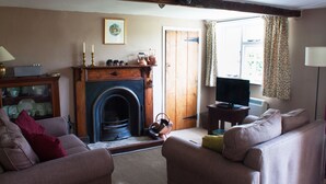 A living room with a fireplace, sofas, a television, and a window with curtains.